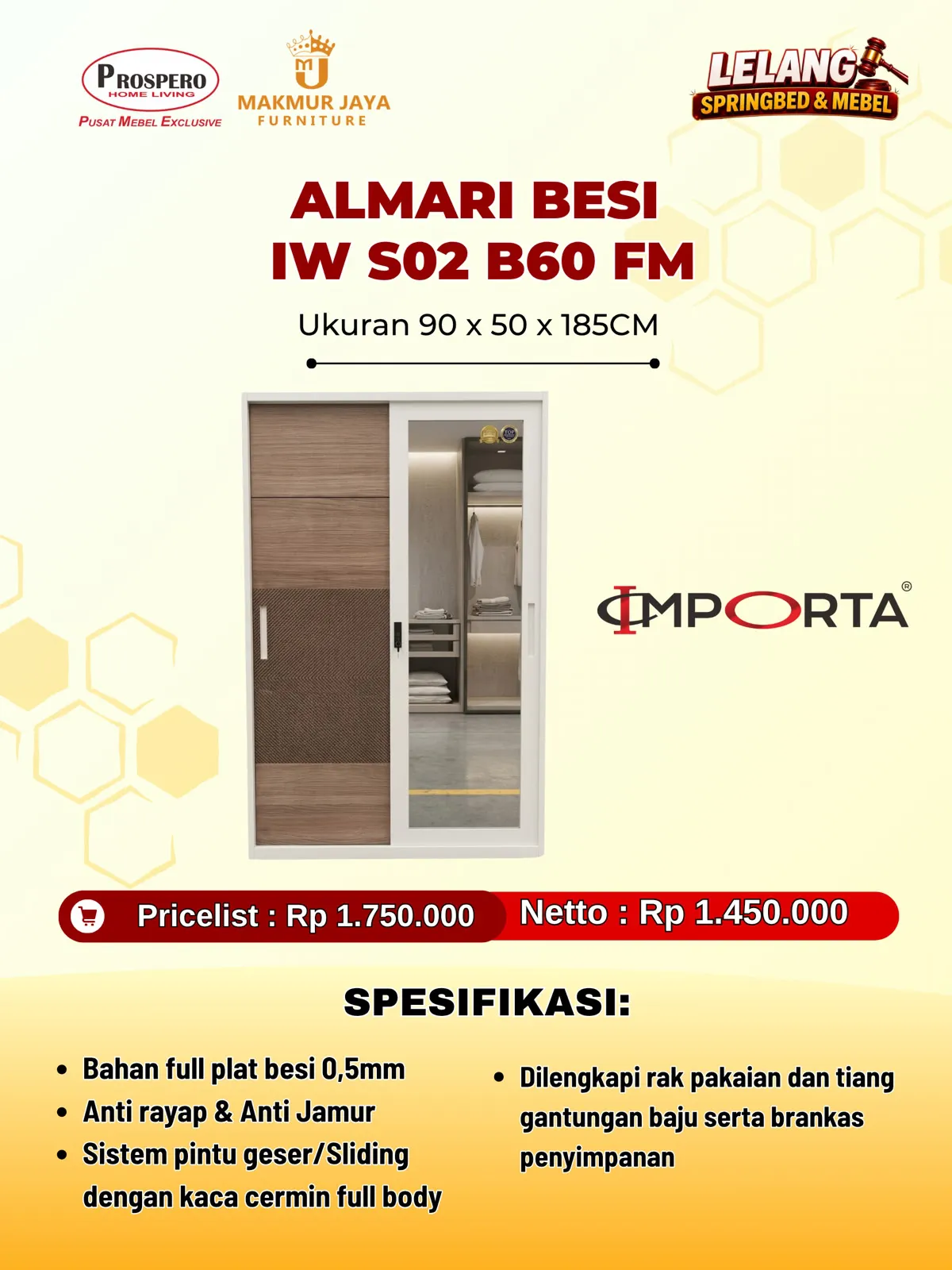Almari pakaian besi IMPORTA Okelo IW S02 B60 FM 90cm