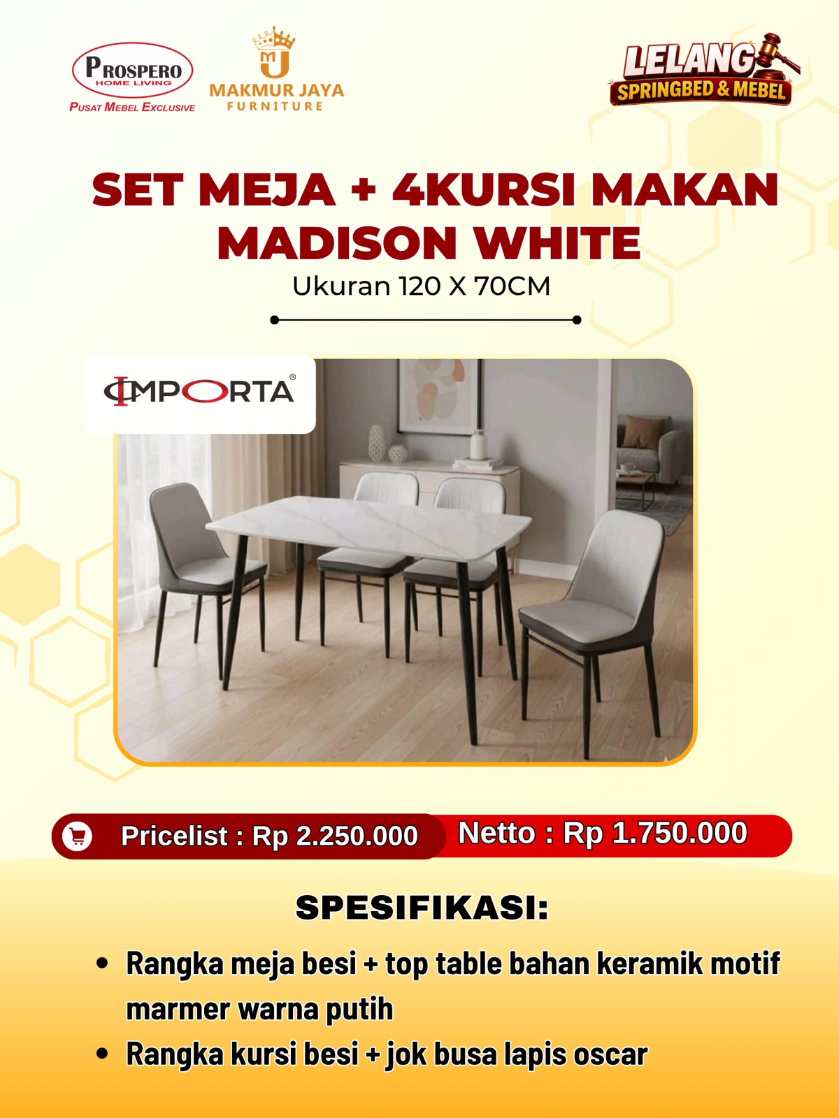 Meja makan + 4 kursi makan IMPORTA madirose white grey