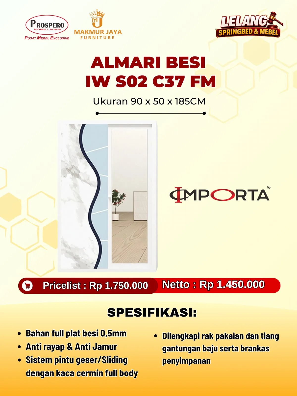 Almari pakaian besi IMPORTA Okelo IW S-02 C37 FM 90cm