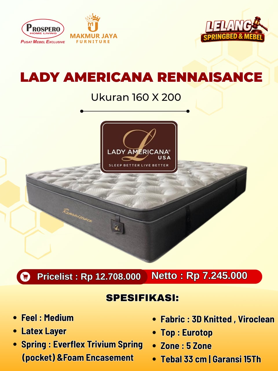 Kasur LADY AMERICANA Rennaisance ukuran 160x200